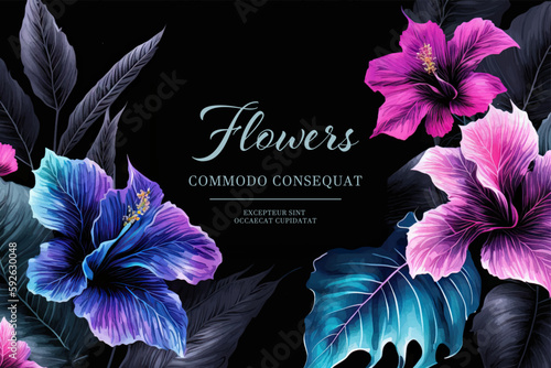 Tropical watercolor plants and flowers, summer holiday banner. Colorful frame with hibiscus and tropical leaves