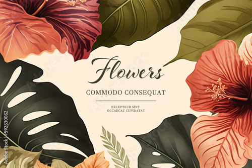 Tropical watercolor plants and flowers, summer holiday banner. Colorful frame with hibiscus and tropical leaves