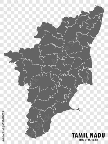 Blank map State  Tamil Nadu of India. High quality map Tamil Nadu with municipalities on transparent background for your web site design  logo  app  UI. Republic of India.  EPS10.