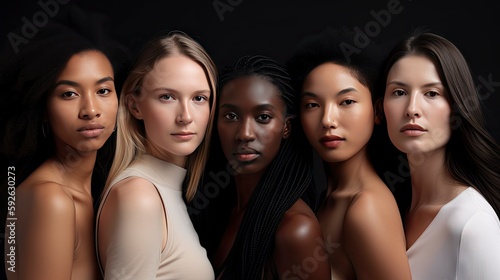 women of different ethnicities posing at camera, enjoy being as they are. bodypositive, plus size model, skinny model. ai generative.