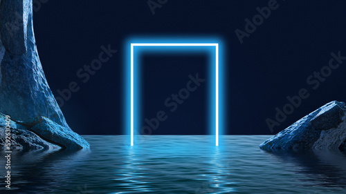 Fotografie Geometric neon element appearing from water around rocks over dark background