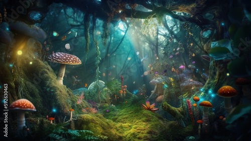 Foto Beautiful and mysterious enchanted forest with mushrooms, fireflies, butterflies and other creatures and plants