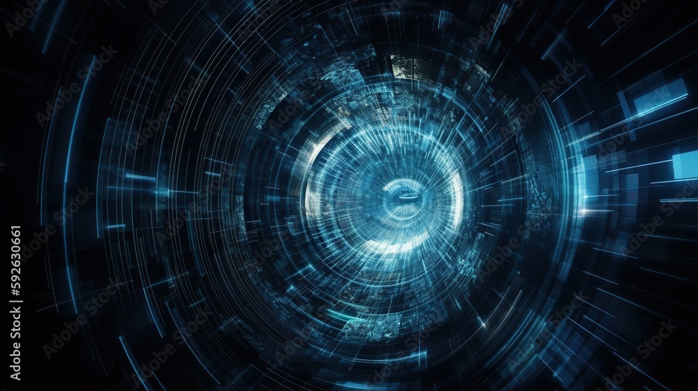 Fototapeta premium Digital cyberspace tunnel abstract background with copy space. Blue color. Cyber data vortex illustration. AI generative image.