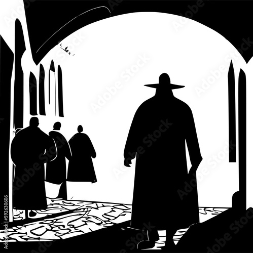Tel Aviv street with a silhouette of an orthodox jew in traditional clothes. Abstract vector image.