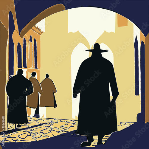 Tel Aviv street with a silhouette of an orthodox jew in traditional clothes. Abstract vector image.
