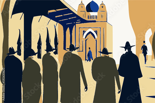 Tel Aviv street with a silhouette of an orthodox jew in traditional clothes. Abstract vector image.