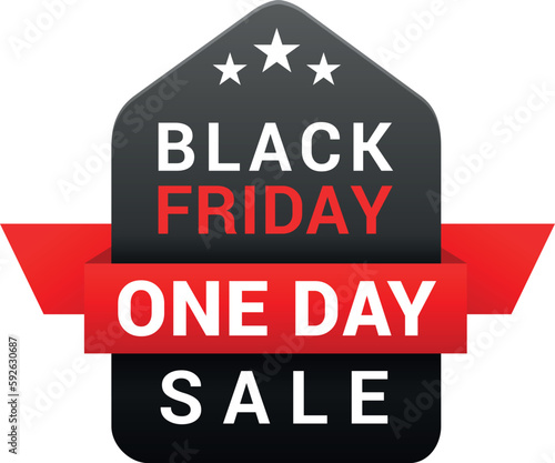 Black friday sale one day tag isometric badge with red ribbon stars design vector illustration