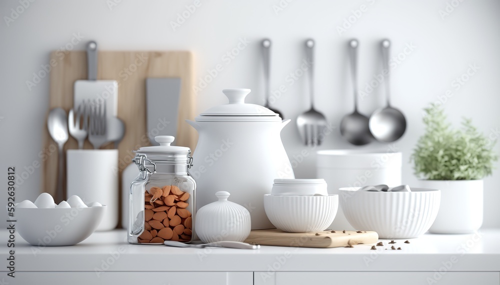 Modern light white kitchen table top with glass jar of almond, utensils and food for breakfast. Cozy indoor background. AI generative image. Modern light white kitchen table top with glass jar of almond, utensils and food for breakfast. Cozy indoor background. AI generative image.
