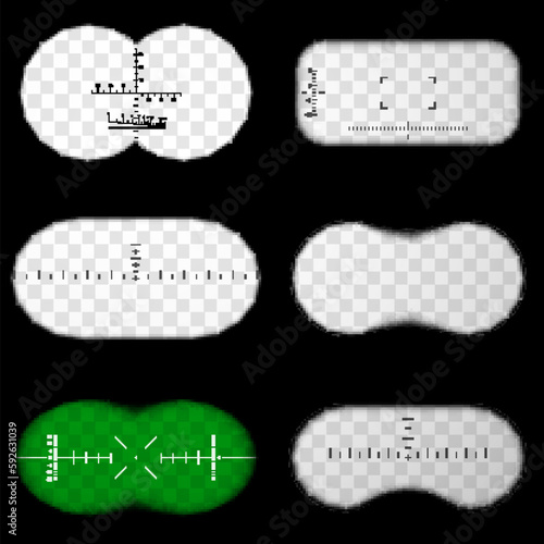 View from binoculars aim sight different shape infrared on transparent background set vector