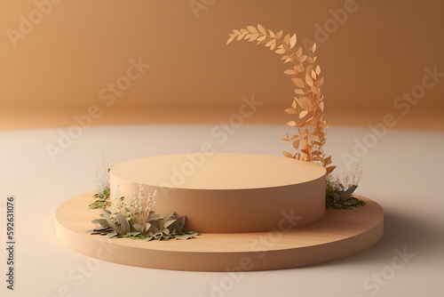 Empty minimal product podium display background made of eco organic materials. Abstract showcase interior background. AI generative image.