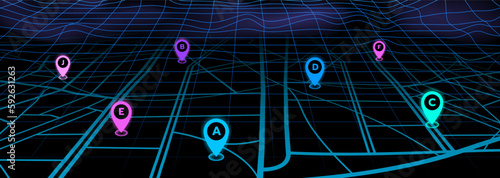 Street road map. GPS pins. City points in navigator. Search or connect technology. 3D network markers. Glowing wireframe background. Navigation roadmap. Vector abstract illustration