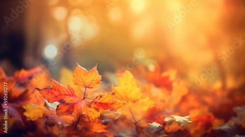 Saturated autumn leaves background with bokeh effect. Outdoor backdrop with copy space. AI generative image.
