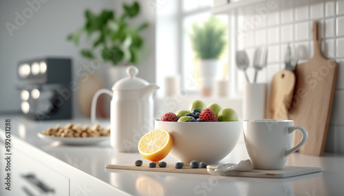 Comfortable spacious modern kitchen. White colors. Breakfast time sunlight indoor background. Cozy interior. AI generative image.