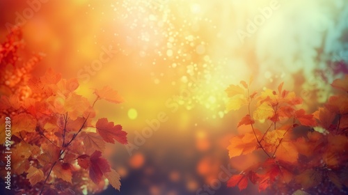 Saturated autumn leaves background with bokeh effect. Outdoor backdrop with copy space. AI generative image.
