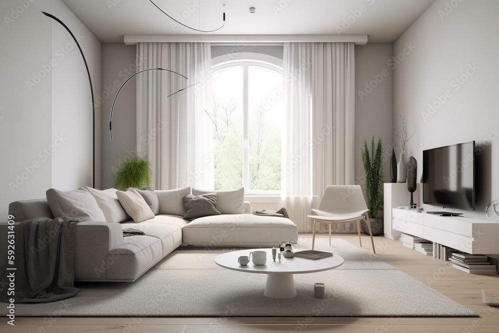 modern living room with a white wall, curtains, chair and plants - obrazy, fototapety, plakaty 