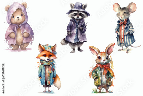 Safari Animal set bear, raccoon, mouse, fox, hare in 3d style. Isolated. Generative AI photo