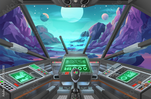 A spaceship or lander craft cockpit with space ship controls looking out on an alien planet landscape background