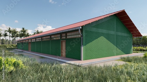 exterior facade, of a military dormitory pavilion, simple, functional architecture, brick and wood, vernacular architecture