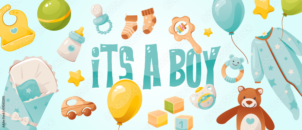 It's a boy. Baby boy shower banner or greeting card. Items for newborn baby care. Cartoon vector illustration. It's a boy. Baby boy shower banner or greeting card. Items for newborn baby care. Cartoon vector illustration.