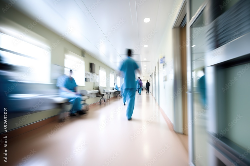 people walking in hospital blurred background