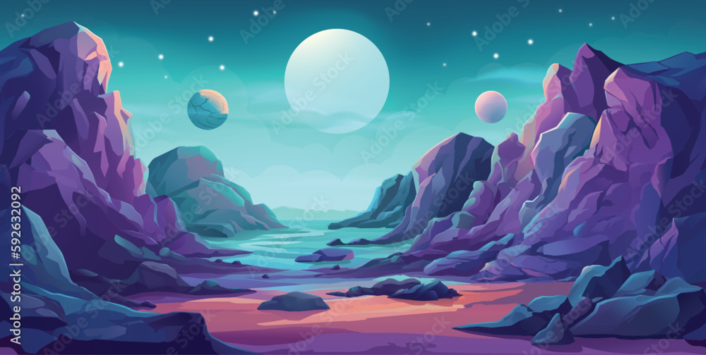 An alien planet outer space landscape cartoon science fiction futuristic fantasy video game background. Seamlessly tilable horizontal tile pattern. An alien planet outer space landscape cartoon science fiction futuristic fantasy video game background. Seamlessly tilable horizontal tile pattern.