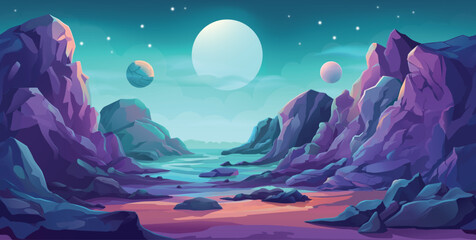 Papier peint photo Prune An alien planet outer space landscape cartoon science fiction futuristic fantasy video game background. Seamlessly tilable horizontal tile pattern.  © Christos Georghiou