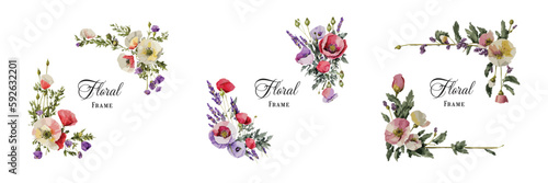 Floral frame set collection with poppies and lavender flowers, elegant watercolor decorations