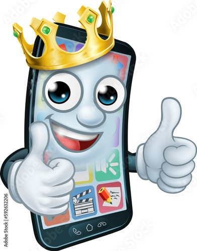 A mobile phone cartoon character mascot wearing a gold king crown and giving a double thumbs up.