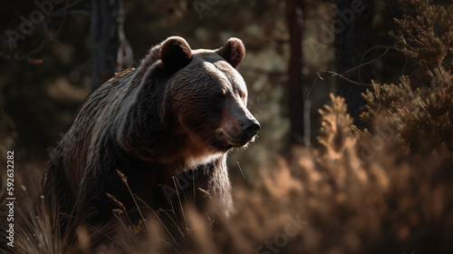 Brown bear wandering in the forest woods, generative AI