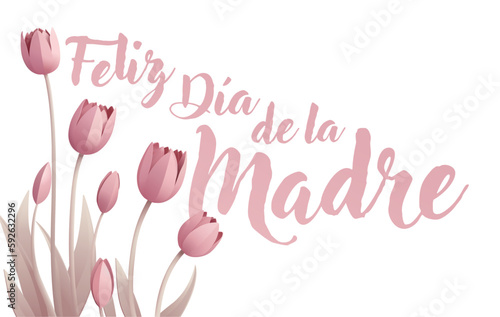 Spanish Happy Mothers Day Feliz Dia De La Madre paper craft or paper cut origami style floral tulip flowers design. With pink tulips background corner frame design elements.