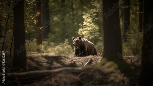 Brown bear wandering in the forest woods, generative AI © Studio Stoltenberg