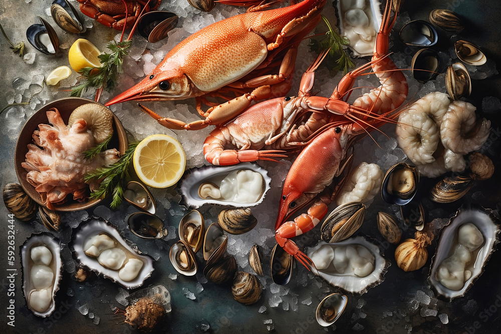 AI, Artificial intelligence, Crab, lobster, oysters, sea food, lemons on ice AI, Artificial intelligence, Crab, lobster, oysters, sea food, lemons on ice