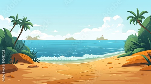 Sky and sun at sea background, ocean and beach vector island scenery empty cartoon. Ocean or sea water with waves and clouds in sky summer blue seascape with cloudy sky and seaside. Generative Ai