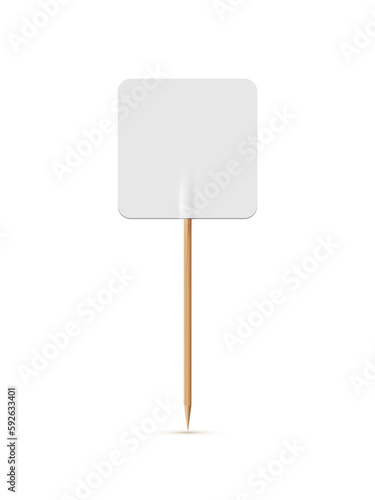 White flag on wooden toothpick. Square paper topper for cake or other food isolated on white background. Blank mockup for advertising and promotions, location mark, map pointer