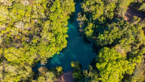 Aerial view of a lake in the middle of a thick forest