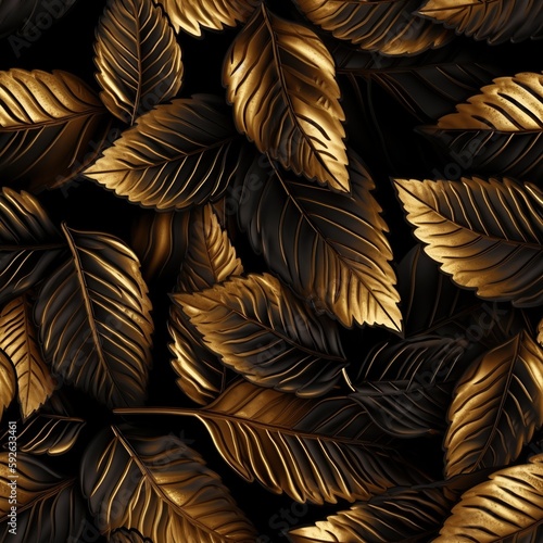 Beautiful seamless pattern with black and golden leaves. Luxurious botany endless texture. Wrapping paper or textile design template. AI generative image.