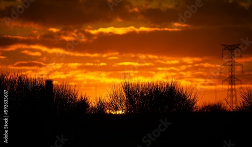 Dreamy sunset with grass and power station silhouettes, fiery sky background