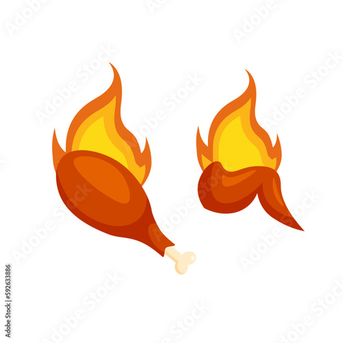 Roast hot chicken wings and drumsticks. Fried meat pieces. Design element for poster, restaurant, brochure. Vector illustration in trendy flat style isolated on white background.