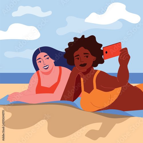 Two plus size women in bikini on a beach towel take a selfie. Relaxed and smili. Plus size girl  overweight woman. Fat acceptance movement. Curvy women in swimwear  bathing suits. Vector illustration.