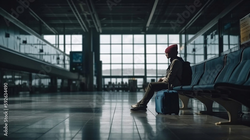 A traveler waiting in the departure terminal of an airport, with immigration processes and the anticipation of a flight serving as the main concept. Generative AI.
