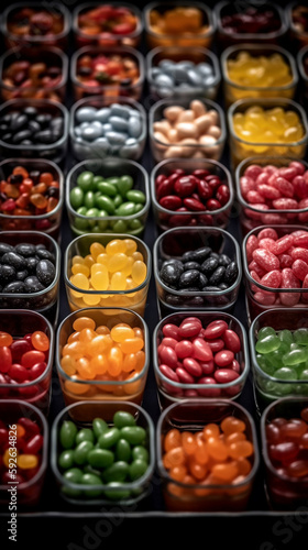 Jelly beans displayed in various flavors, captured in closeup and aerial view with vibrant colors and depth of field. Generative AI.