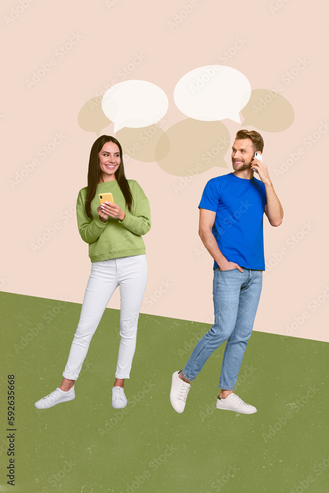 Vertical collage of two young couple friends girl speaking calling her boyfriend conversation phone dialogue isolated on beige background