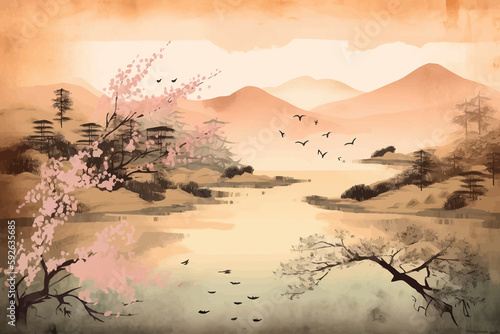 Stylized black ink wash painting of mountains. in traditional oriental, minimalistic Japanese style. Generative AI photo