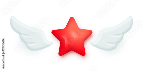 Red star with white wings, 3d icon vector illustration. Flying object for game UI, abstract currency, finance and success symbol with shadows isolated on white background