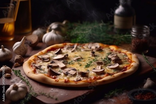Hot pizza with mushrooms on a dark background. Generative AI.