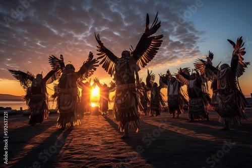 Native American Dancers performing a ceremonial eagle dance  arms outstretched and heads tilted back to portray the majestic bird taking flight on auburn sunset sky. Generative AI