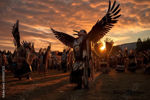 Native American Dancers performing a ceremonial eagle dance, arms outstretched and heads tilted back to portray the majestic bird taking flight on auburn sunset sky. Generative AI photo
