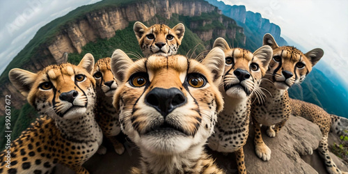 A Group Of Cheetah Taking Selfie Hyper Realistic Realism Style Generative Ai Digital Illustration Part#140423