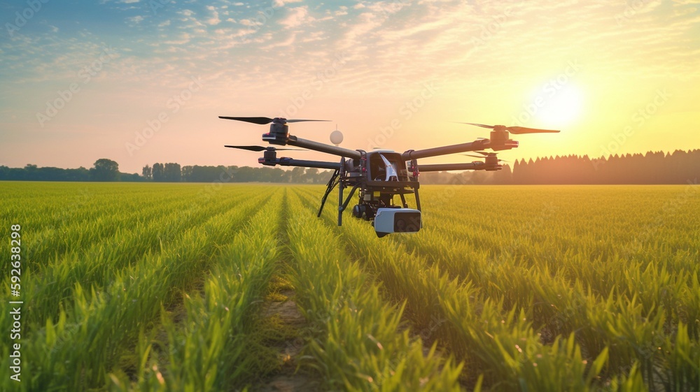 Fototapeta premium Using an agricultural drone, Smart Farm 4.0's Ai Generative idea fertilized the fields of green tea.
