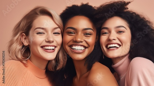 Three happy female friends enjoy laughing happily taking selfie. Generative AI